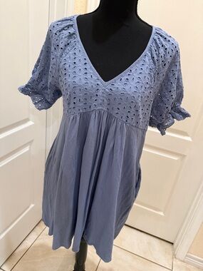 Umgee Dusty Blue Eyelet V-Neck Babydoll Dress